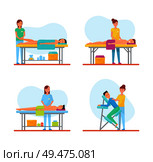 Massage healing therapy performed by masseuses, foot and back, abdominal belly care vector. Cosmetic and healthcare procedures and treatment icons. Massage Healing Therapy Foot and Back Set Vector. Стоковая иллюстрация, агентство Ingram Publishing / Фотобанк Лори