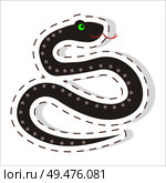 Cute funny black viper with with protruding tongue snake vector flat cartoon sticker or icon outlined with dotted line isolated on white. Tropical exotic reptile animal for game counters, price tags. Cute Snake Cartoon Flat Vector Sticker or Icon. Стоковая иллюстрация, агентство Ingram Publishing / Фотобанк Лори