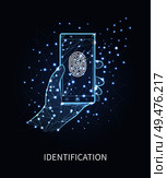 Identification mobile phone with print vector. Scanning system in smartphone, human man hand and gadget with authorization equipment and recognition. Identification Mobile Phone with Print Vector. Стоковая иллюстрация, агентство Ingram Publishing / Фотобанк Лори