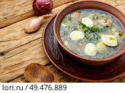 Ukrainian green borsch.Borsch with sorrel and nettles.Ukrainian cuisine. Ukrainian green borsch. Стоковое фото, агентство Ingram Publishing / Фотобанк Лори