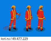Firefighter construction set of men wearing special protective uniform. Male with firehose with helmet on head. Brigade of firemen isolated on vector. Firefighter Construction Set Vector Illustration. Стоковая иллюстрация, агентство Ingram Publishing / Фотобанк Лори