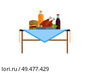 Fast food and soda or juice in bottles on table. Cheeseburger near fried chicken, cool beverages. High calorie contain products vector illustrations.. Fast Food and Soda or Juice in Bottles on Table. Стоковая иллюстрация, агентство Ingram Publishing / Фотобанк Лори