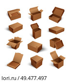 Packages boxes with opened top, set of isolated icons vector. Cardboard for products storage and shipment, transporting of items in carton containers. Packages Boxes Opened Top Isolated Icon Vector. Стоковая иллюстрация, агентство Ingram Publishing / Фотобанк Лори