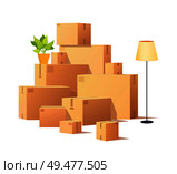 Box carton, closed cardboard packages cargo vector. Torchiere standing lamp and houseplant in pot, potted flower with leaves. Delivery and containers. Box Carton, Closed Cardboard Packages Cargo Vector. Стоковая иллюстрация, агентство Ingram Publishing / Фотобанк Лори
