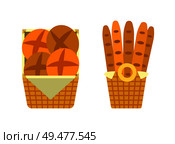 Bread and buns in wicker baskets, showcase of bakery sellers shop vector. Isolated icons flat style, baked products, food of wheat flour counter stall. Bread and Buns in Basket Showcase of Bakery Seller. Стоковая иллюстрация, агентство Ingram Publishing / Фотобанк Лори