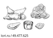 Appetizing chicken nuggets and crispy wavy potato chips with dipping sauce jar sketch style illustration. Monochrome icon set for lunchroom promo vector. Chicken Nuggets and Chips Sketch Style Icon Set. Стоковая иллюстрация, агентство Ingram Publishing / Фотобанк Лори