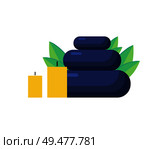 Stones and candles for massage and spa isolated vector. Black smooth pebble of different size, wax skied balls and green leaves, items for meditation. Stones and Candles for Massage and Spa Cartoon. Стоковая иллюстрация, агентство Ingram Publishing / Фотобанк Лори