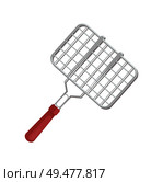 BBQ cooking tool grille for roasting meat icon closeup. Grilling steel grid griddle for picnic cook out. Cutlery with wooden handle isolated on vector. BBQ Cooking Tool Grille Icon Vector Illustration. Стоковая иллюстрация, агентство Ingram Publishing / Фотобанк Лори