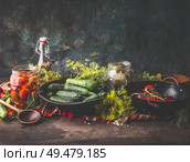 Still life with cucumber and tomatoes pickling, canning and preserving ingredients on rustic table at dark wall background. Healthy fermented food concept. Clean eating. Harvest storing. Стоковое фото, агентство Ingram Publishing / Фотобанк Лори