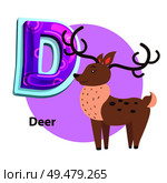 Deer silvan animal with big curved horns for D letter presentation. Zoo ABC flashcard sample with cartoon character for english alphabet remembering.. ABC Flashcard with Deer for D Letter Presentation. Стоковая иллюстрация, агентство Ingram Publishing / Фотобанк Лори
