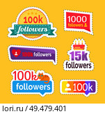 Follow and followers information and numbers statistics stickers set vector. Cake with candles to celebrate popularity. Likes and hearts with profile. Follow and Followers Information Numbers Vector. Стоковая иллюстрация, агентство Ingram Publishing / Фотобанк Лори