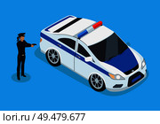 Police officer and car icons 3D isometric. Policewoman with gun and automobile profession of protecting people from criminals. Cop isolated on vector. Police Officer and Car Icons Vector Illustration. Стоковая иллюстрация, агентство Ingram Publishing / Фотобанк Лори
