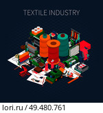 Textile industry isometric composition with editable text description and composition of images with sewing spool and needles vector illustration. Isometric Textile Print Background. Стоковая иллюстрация, агентство Ingram Publishing / Фотобанк Лори