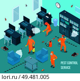 People from pest control service doing disinfection in office 3d isometric vector illustration. Disinfection Isometric Illustration. Стоковая иллюстрация, агентство Ingram Publishing / Фотобанк Лори