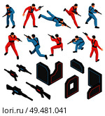 Laser tag game ammunition gear infrared sensitive targets vests guns players isometric icons set isolated vector illustration. Laser Tag Isometric Set. Стоковая иллюстрация, агентство Ingram Publishing / Фотобанк Лори