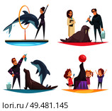 Dolphinarium design concept with flat human characters of animal handlers and feeders with animals and kids vector illustration. Dolphinarium Life Design Concept. Стоковая иллюстрация, агентство Ingram Publishing / Фотобанк Лори