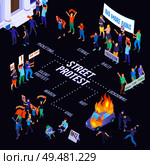 Protesting people with placards during strike picketing procession and riot isometric flowchart on dark background vector illustration . Protesting People Isometric Flowchart. Стоковая иллюстрация, агентство Ingram Publishing / Фотобанк Лори