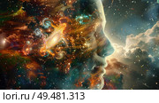 A mans face is surrounded by a vast expanse of twinkling stars in outer space. Стоковое AI-изображение, AI-художник Данила Большаков / Фотобанк Лори