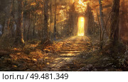 A painting depicting a narrow path winding through a dense forest with sunlight filtering through the trees, highlighting the natural beauty of the surroundings. Стоковое AI-изображение, AI-художник Данила Большаков / Фотобанк Лори
