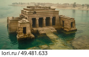 A massive building stands tall surrounded by water in an unusual setting. Стоковое AI-изображение, AI-художник Данила Большаков / Фотобанк Лори