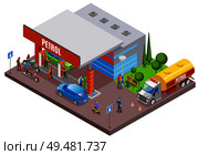 Gas stations refills isometric composition with urban scenery and petrol filling station with people and cars vector illustration. Fuel Station Isometric Composition. Стоковая иллюстрация, агентство Ingram Publishing / Фотобанк Лори