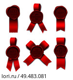 Wax stamp product ad set with six isolated images with different shapes of red ribbon and seal vector illustration. Стоковая иллюстрация, агентство Ingram Publishing / Фотобанк Лори