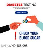 Diabetes testing information on checking blood sugar with glucose meter procedure web page flat design vector illustration. Стоковая иллюстрация, агентство Ingram Publishing / Фотобанк Лори