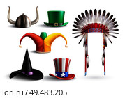 Colored set of traditional hats for national holidays and masquerade on white background realistic vector illustration. Стоковая иллюстрация, агентство Ingram Publishing / Фотобанк Лори