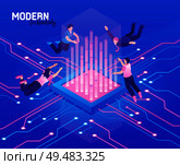 Isometric high technology abstract background in blue and pink color with levitating people 3d vector illustration. Стоковая иллюстрация, агентство Ingram Publishing / Фотобанк Лори