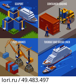 Four seaport isometric icon set with container loading port cranes tugboat and ocean liner descriptions vector illustration. Стоковая иллюстрация, агентство Ingram Publishing / Фотобанк Лори