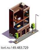 Townhouse buildings isometric composition with profile view of urban dwelling house with separate rooms and furniture vector illustration. Стоковая иллюстрация, агентство Ingram Publishing / Фотобанк Лори