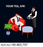 Home staff isometric people composition with domestic servant human character handing around tea with editable text vector illustration. Стоковая иллюстрация, агентство Ingram Publishing / Фотобанк Лори