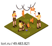 Isometric zoo workers composition on white background with tropical monkeys and group of zoo keeper characters vector illustration. Стоковая иллюстрация, агентство Ingram Publishing / Фотобанк Лори