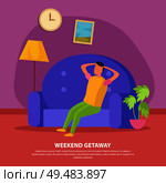 Flat lazy weekends people composition with weekend getaway description and man sit on the couch vector illustration. Стоковая иллюстрация, агентство Ingram Publishing / Фотобанк Лори