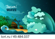 Natural disasters stylized colorful poster with colossal tsunami wave crashing ashore devastating bungalows and palms vector illustration. Стоковая иллюстрация, агентство Ingram Publishing / Фотобанк Лори