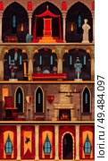 Medieval castle interior 4 flat banners set with dining hall ballroom throne room chambers isolated vector illustration. Стоковая иллюстрация, агентство Ingram Publishing / Фотобанк Лори