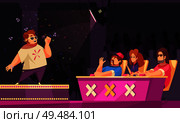 Tv singing talent show flat cartoon composition with contestant performing on podium spotlight jury onstage vector illustration. Стоковая иллюстрация, агентство Ingram Publishing / Фотобанк Лори