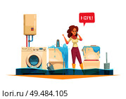 Washing machine flooding sink overflow pipe leaks emergency cartoon composition with woman calling plumber service vector illustration. Стоковая иллюстрация, агентство Ingram Publishing / Фотобанк Лори