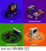 Colorful 2x2 isometric design concept with various retro gadgets such as computer player console vhs 3d isolated vector illustration. Стоковая иллюстрация, агентство Ingram Publishing / Фотобанк Лори