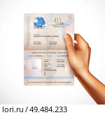 Human hand holding mockup of international biometric passport with issue and expiry dates holders signature and name of authority issuing passport realistic vector illustration. Стоковая иллюстрация, агентство Ingram Publishing / Фотобанк Лори