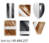 Plastic metal or ceramic utensils of different shapes packed in wrapping polyethylene isolated icons set realistic vector illustration. Стоковая иллюстрация, агентство Ingram Publishing / Фотобанк Лори