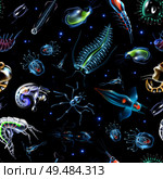 Colorful abstract pattern consisting of glowing lights and luminescent images of marine plankton on dark background vector illustration. Стоковая иллюстрация, агентство Ingram Publishing / Фотобанк Лори