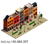 Modern city street isometric view with 5 colorful terraced houses lanterns benches outdoor bistro tables vector illustration. Стоковая иллюстрация, агентство Ingram Publishing / Фотобанк Лори