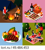 Bbq grill picnic isometic icon set with party in woods diner grill plate tent and campfire in the forest vector illustration. Стоковая иллюстрация, агентство Ingram Publishing / Фотобанк Лори