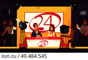 TV live events breaking news politics 24 hours broadcasting cartoon composition with reporters in studio vector illustration. Стоковая иллюстрация, агентство Ingram Publishing / Фотобанк Лори