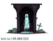 Evil graveyard specter cartoon character composition with scary ghost appearance in grim haunted cemetery tomb vector illustration. Стоковая иллюстрация, агентство Ingram Publishing / Фотобанк Лори