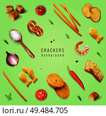 Crackers and snacks with different forms and flavoring additives on green background realistic vector illustration. Стоковая иллюстрация, агентство Ingram Publishing / Фотобанк Лори