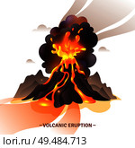 Volcanic eruption cartoon composition with salute from magma ashes and smoke flying out from volcano vector illustration. Стоковая иллюстрация, агентство Ingram Publishing / Фотобанк Лори