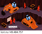 Mine industry background with characters of workers in uniform open mine scenery with excavators and text vector illustration. Стоковая иллюстрация, агентство Ingram Publishing / Фотобанк Лори