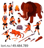 Isometric set of icons with primitive people their weapons and ancient animals isolated on white background 3d vector illustration. Стоковая иллюстрация, агентство Ingram Publishing / Фотобанк Лори